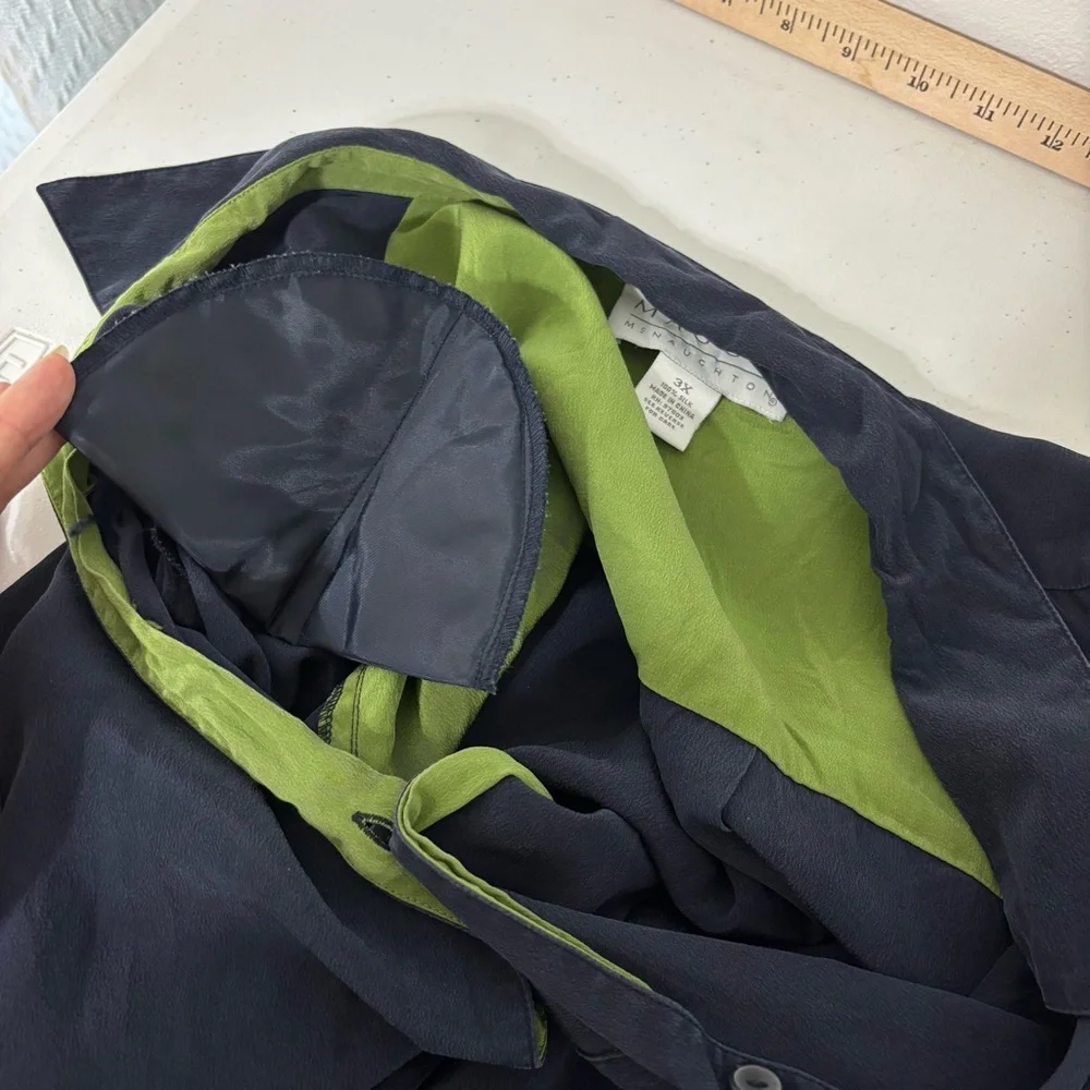 Vtg Maggie McNaughton‎ Womens Silk Navy Green Buttoned Long Sleeve Tunic Top 3X - Picture 9 of 11